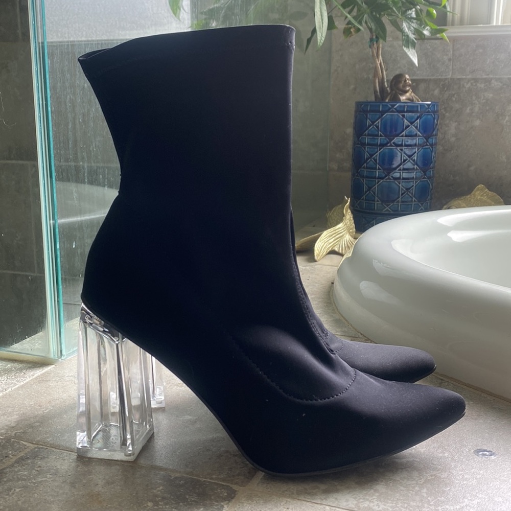 Clear Heel Black Stretch Booties